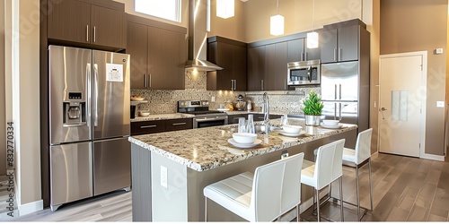 Modern kitchen with stainless steel appliances, an island, and granite countertops