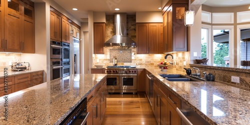 Modern kitchen with stainless steel appliances, an island, and granite countertops