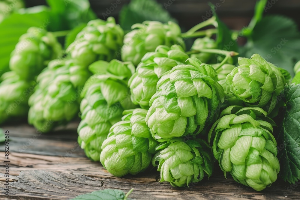Close up of hops on wooden table with blurred background and ample space for text placement Close up of hops on wooden table with blurred background and ample space for text placement