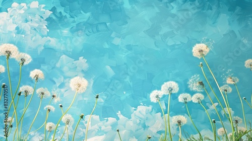 Blue sky backdrop featuring dandelion down photo