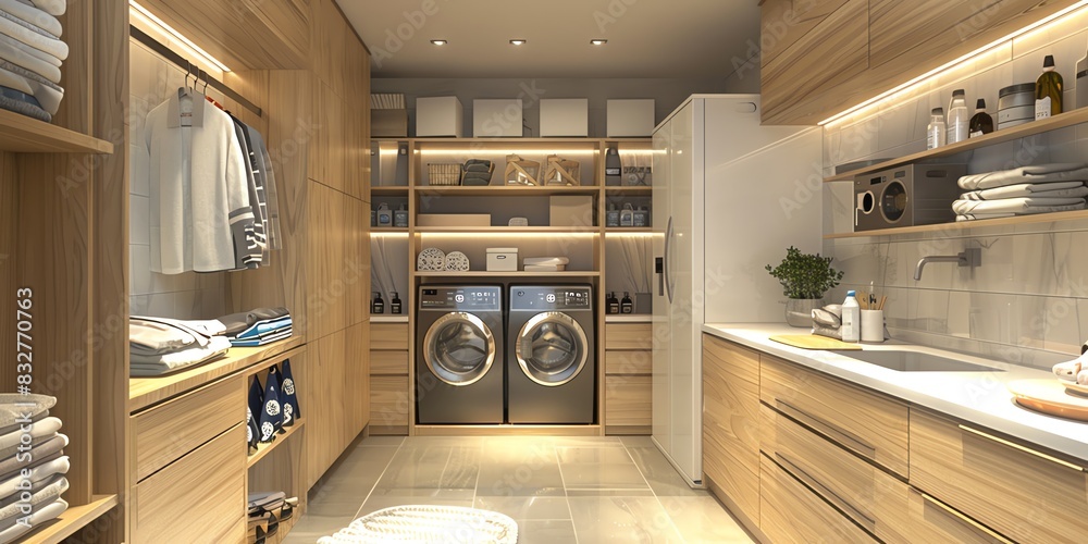 Modern laundry room design in an apartment with sleek appliances, ample storage, and a folding station Modern laundry room design in an apartment with sleek appliances, ample storage, and a folding station