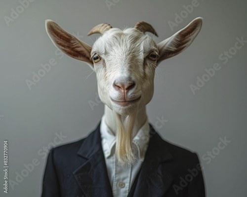 Goat in a suit on a minimalist gray background, offering space for startup investor text ads, with a touch of minimal style and sophistication. © Kanisorn