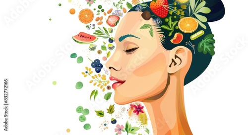 Skin Vitamins. Woman's Face Portrait with Iconic Vitamins and Minerals for Organic Skin Health photo