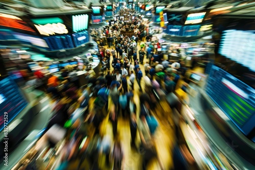 A bustling trading floor filled with a large group of people, brokers signaling and shouting as they conduct business