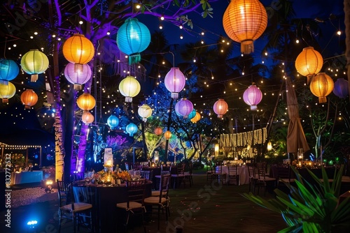 Multiple colorful paper lanterns are suspended from the ceiling in an evening open-air venue for festive decoration