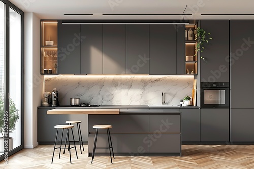 Front view of elegant interior with gray drawers under kitchen cabinet.