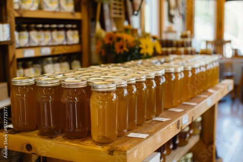 Multiple jars of honey are neatly displayed on a shelf in a store  showcasing locally produced products
