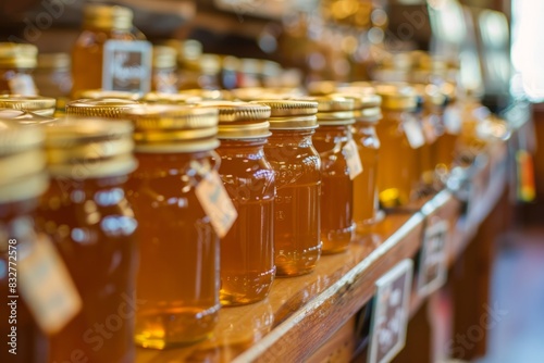 Numerous jars of honey neatly arranged on a table in a store setting  showcasing local honey products from producers