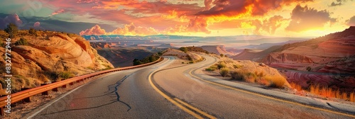 United States Highway. Panoramic View of a Colorful Sunset Sky on Route 12, Utah photo