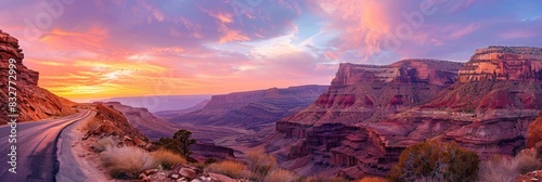 United States Highway. Panoramic View of Scenic Route 12 in Utah, America at Colorful Sunset photo