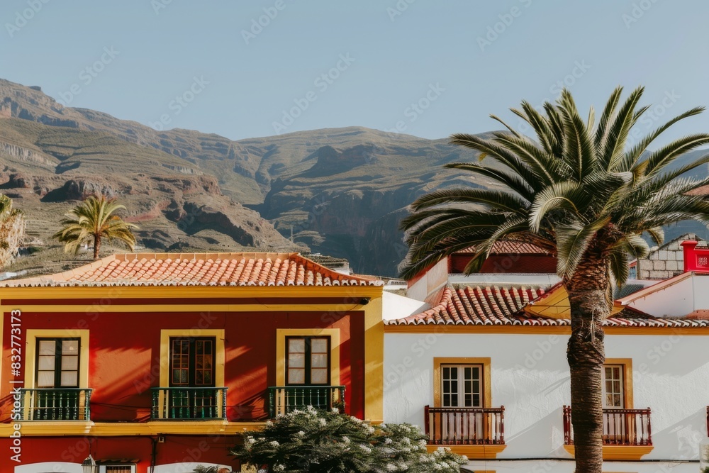 Fototapeta premium Tourist destination colorful city candy buildings South America architecture old houses palms art home exterior facade town streets historic exploration warm tropical county tourism aesthetic