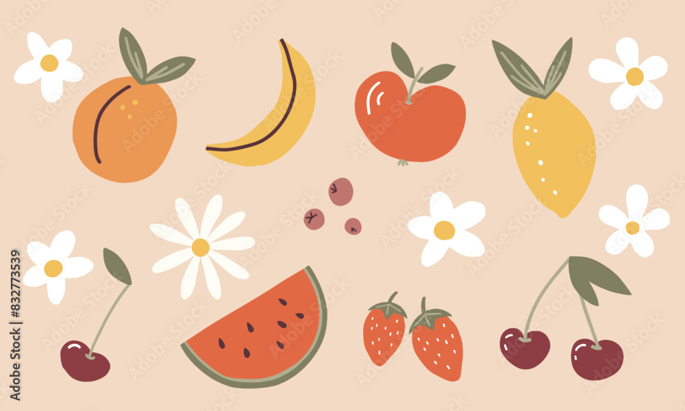Vector set of fruits banana, peach,strawberry, lemon, cherry,apple,watermelon and daisy flowers Vector set of fruits banana, peach,strawberry, lemon, cherry,apple,watermelon and daisy flowers