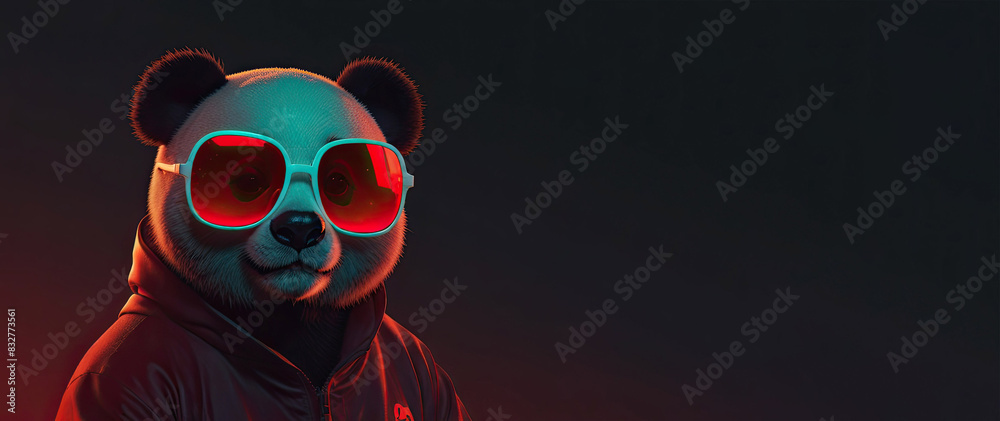 Panda in a sports jacket and sunglasses on a black and red gradient background