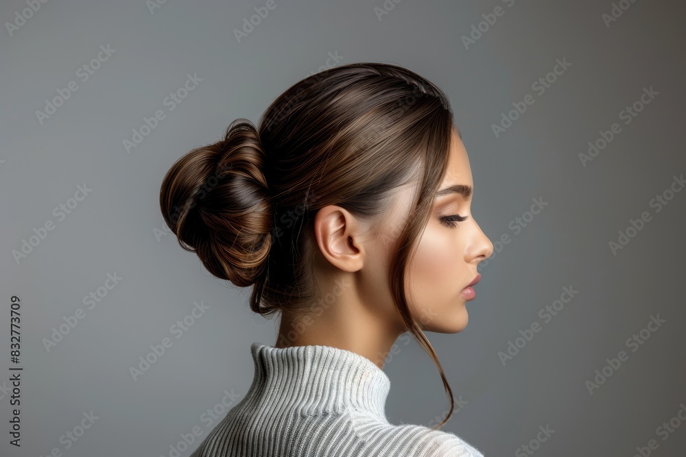 Woman Hair Bun. Beautiful Girl with Elegant Coiffure Hairstyle in Fashionable Gray Background Woman Hair Bun. Beautiful Girl with Elegant Coiffure Hairstyle in Fashionable Gray Background