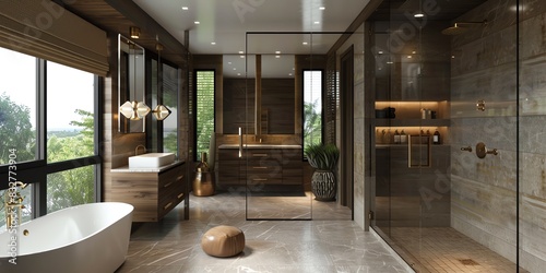 Luxurious master bathroom design in an apartment with a spalike shower, soaking tub, and elegant decor