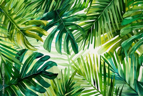 abstract tropical palm leaves hand drawn watercolor background lush green botanical pattern photo