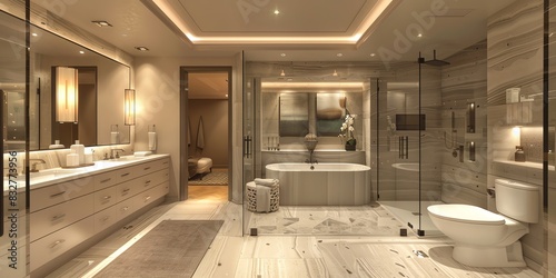 Luxurious master bathroom design in an apartment with a spalike shower, soaking tub, and elegant decor