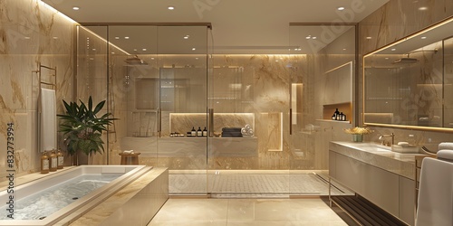 Luxurious master bathroom design in an apartment with a spalike shower, soaking tub, and elegant decor