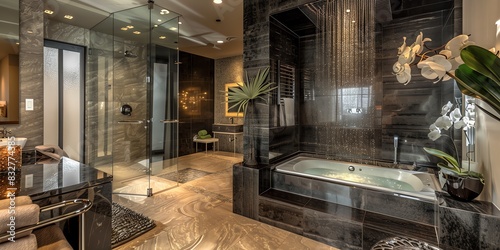 Luxurious master bathroom design in an apartment with a spalike shower, soaking tub, and elegant decor