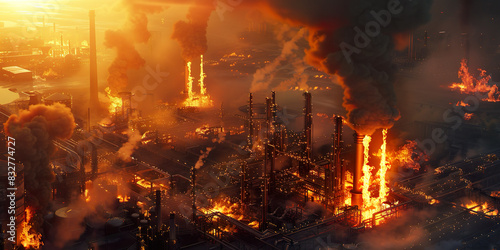 Fire and explosions engulf an refinery oil plant after a military drone strike during the war. Destruction of the fuel and energy infrastructure of the aggressor country. Generative AI image