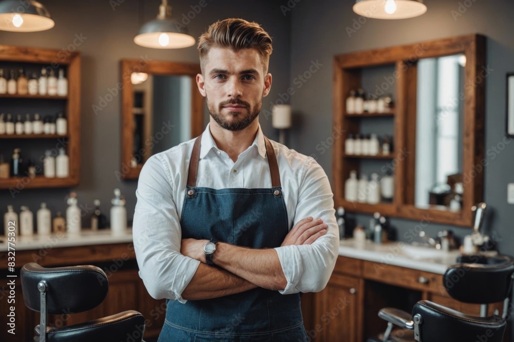Close Portrait of Let me make you feel more confident. Shot of a handsome young barber standing alone in his salon with his arms folded. Close Portrait of Let me make you feel more confident. Shot of a handsome young barber standing alone in his salon with his arms folded.