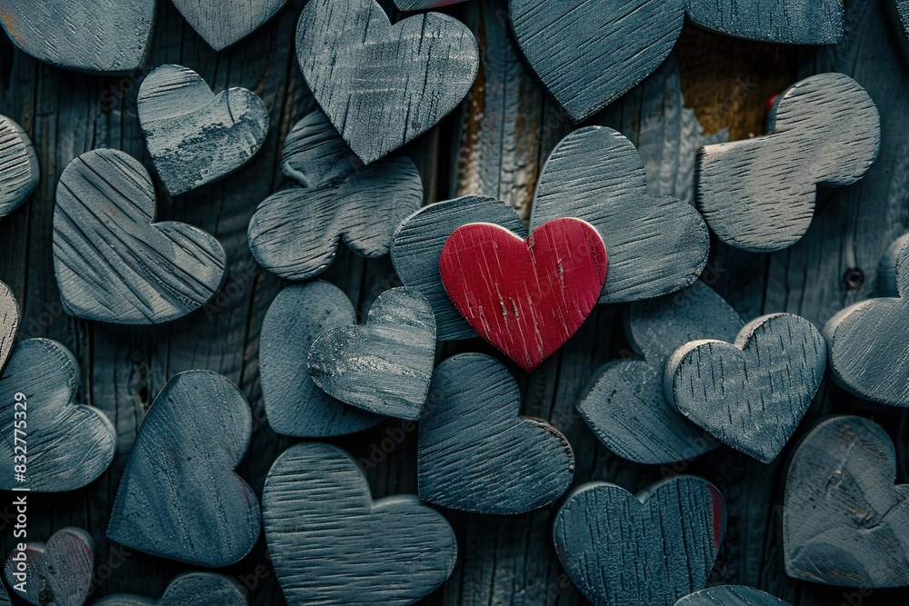 Obraz premium Romantic and round image. Wooden hearts, some of which are painted red.