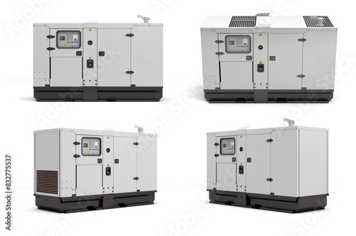Set of mobile diesel generator for emergency electric power 3d render on white