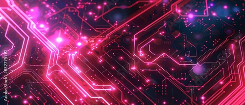 The image is a circuit board with glowing pink and purple lines. The background is dark blue. The image is very detailed and looks like it was taken from a science fiction movie.