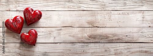 Romantic and round image. Red hearts with a wooden surface in the background.