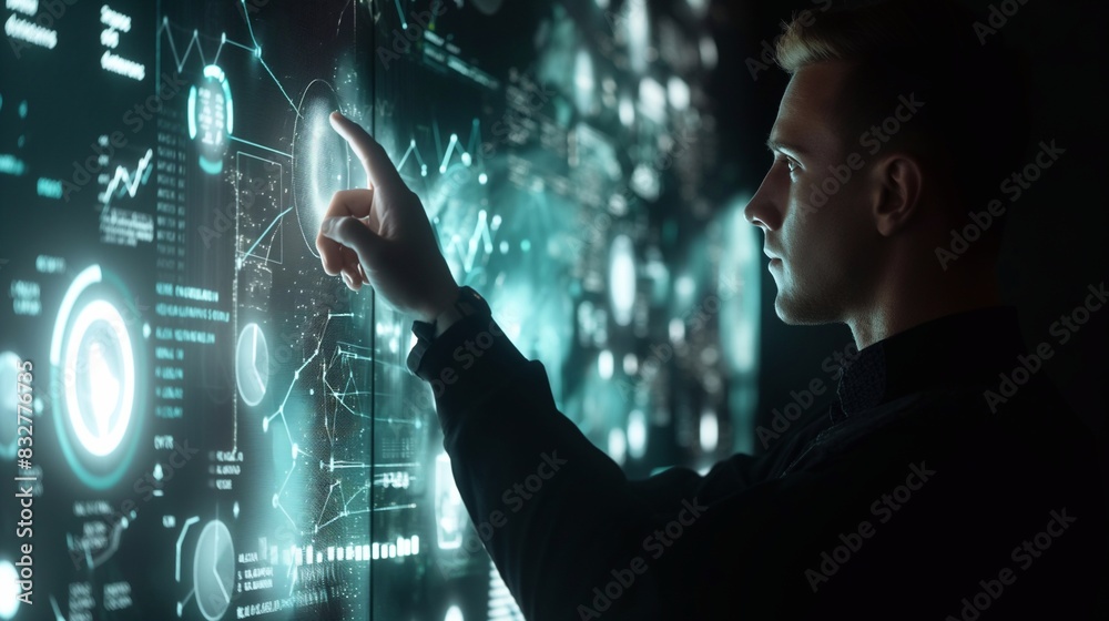 Corporate Genius at Work: Man Deciphers Data with Holographic Display, Paving the Path to Profitable Trade Ventures Corporate Genius at Work: Man Deciphers Data with Holographic Display, Paving the Path to Profitable Trade Ventures