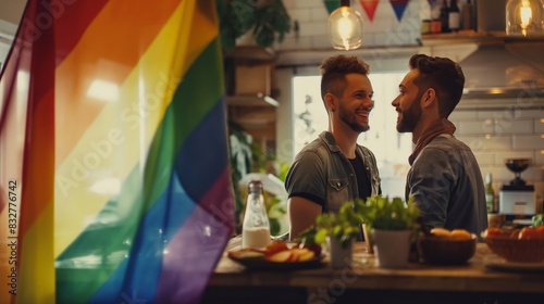 Domestic Delight: Intimate Scenes of a Male Homosexual Couple's Cozy Date Night, Celebrating the Warmth and Romance of Same-Sex Love in Their Home photo