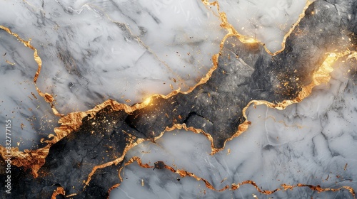 A dramatic marble surface with bold black and gold veins cutting through a stark white background. © Images
