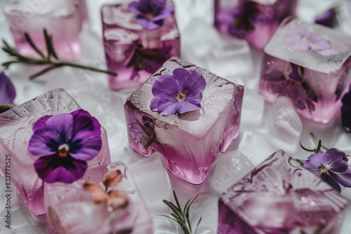Wallpaper Mural Close-up of purple ice cubes containing edible violets and other flowers, set on a bed of ice with scattered rosemary sprigs and flowers Torontodigital.ca