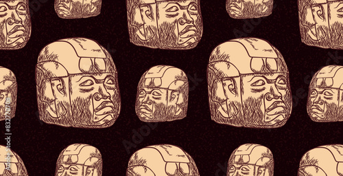 Beautiful hand drawing of Olmeca Mexican indigenous culture giant head seamless pattern 