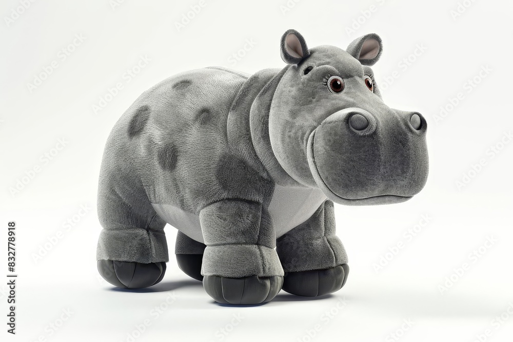 adorable realistic hippo stuffed toy standing alone isolated on pure white background 3d rendering