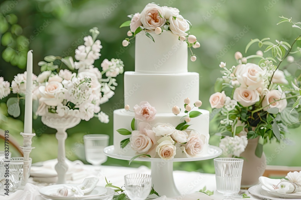 Fototapeta premium Delicate wedding bunk cake decorated with roses. White cake to order for a holiday.
