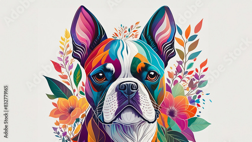 boston terrier dog on colorful flower background