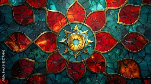 A colorful stained glass flower with gold accents