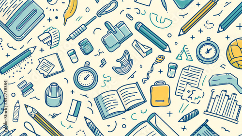 minimalist background featuring fine line art in a single color, outlining abstract representations of school-related items such as pencils, books, rulers, and backpacks