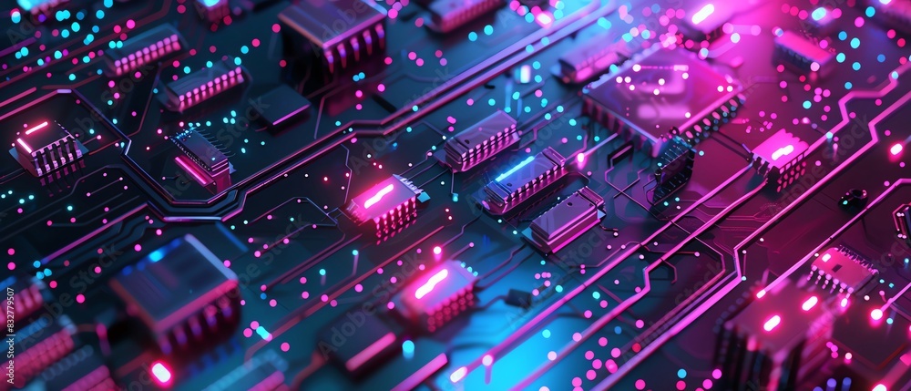 Fototapeta premium The image is of a computer chip with glowing pink and blue lights.