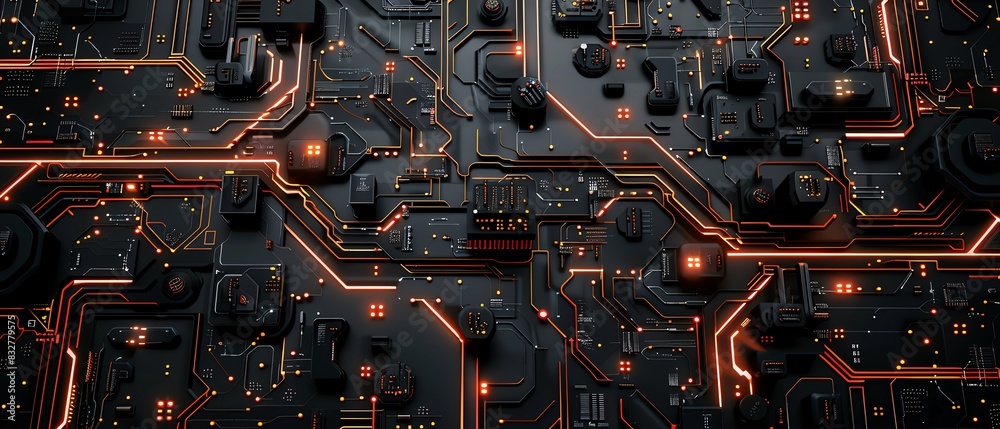 Fototapeta premium The image is of a computer circuit board with orange highlights. The board is black and the highlights are orange.