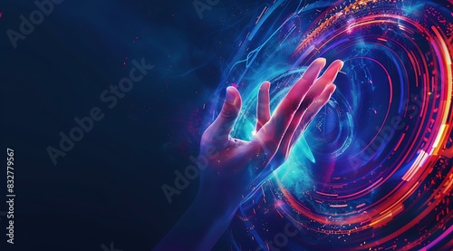 Abstract digital background with a hand touching a futuristic hologram and multi-colored 