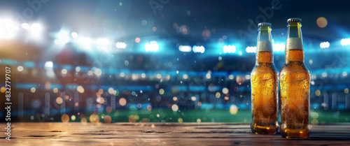Cold beer bottles with bright night stadium scene in background. Sport, game and fresh drink. Championship football cup. Banner with copy space © LiliGraphie