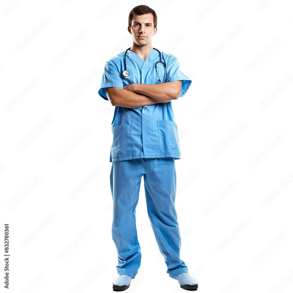 Young male nurse in scrubs stands with confidence, arms crossed on a transparent background Young male nurse in scrubs stands with confidence, arms crossed on a transparent background