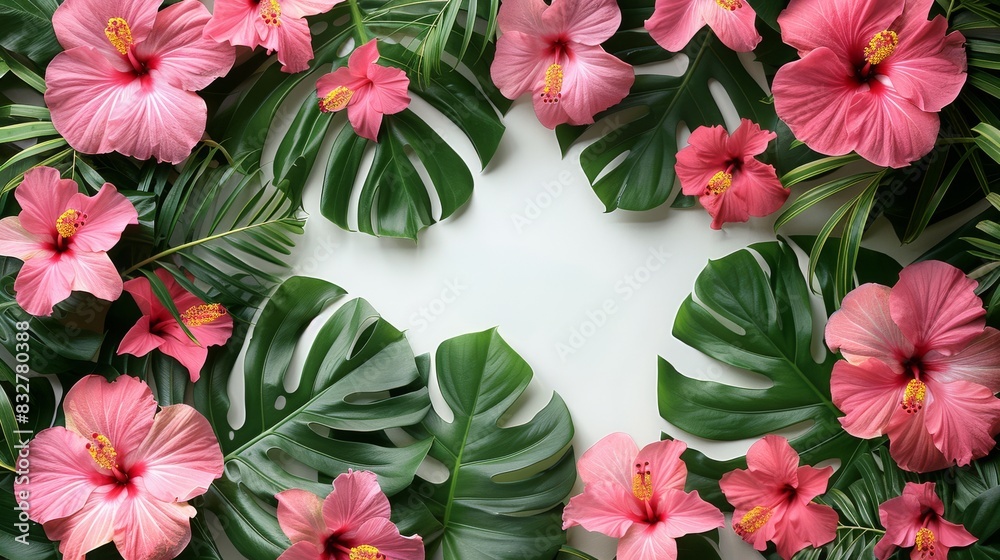 A tropical theme featuring a scattering of green monstera leaves and bright pink hibiscus flowers arranged on a white background. A tropical theme featuring a scattering of green monstera leaves and bright pink hibiscus flowers arranged on a white background.