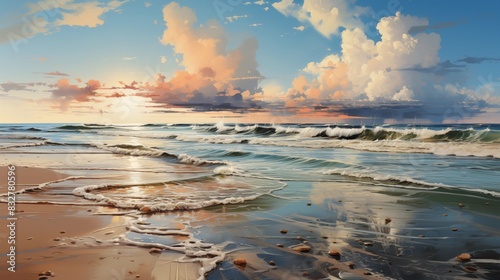 A Tranquil Beach Scene at Sunset with Waves and Majestic Clouds