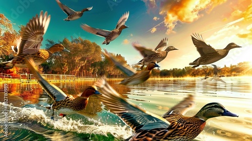   A flock of ducks gliding above a tranquil lake surrounded by a verdant woodland teeming with arboreal splendor photo