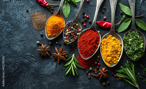 Colorful spices and herbs in metal spoons. Generated with AI tools