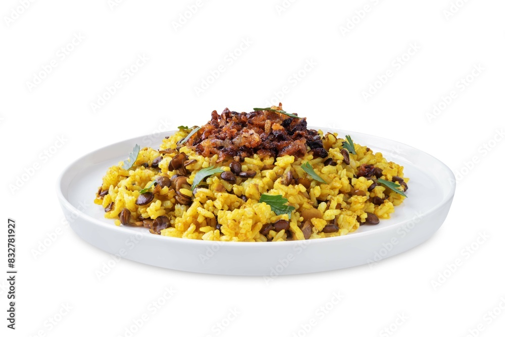 Fried onion lentil fried rice in a plate, moujadara on a white isolated background Fried onion lentil fried rice in a plate, moujadara on a white isolated background