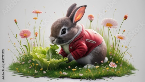A charming rabbit in a stylish red jacket, gnawing on a fresh green lettuce. The small meadow surrounding the rabbit is dotted with delicate, bright flowers and lush green grass. photo